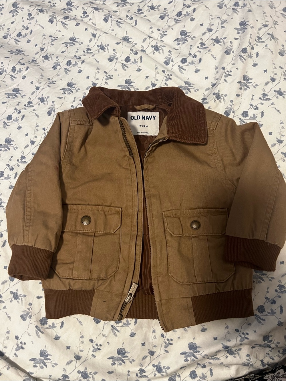 Old Navy Toddler Brown Tan Puffer Jacket with Dark Brown Corduroy Collar